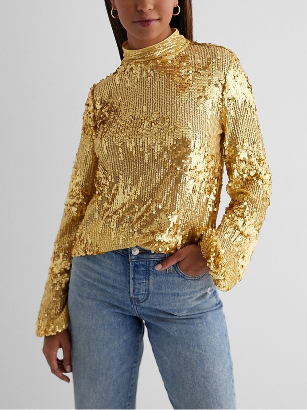 EXPRESS Sequin Mock Neck Balloon Sleeve Top Size S